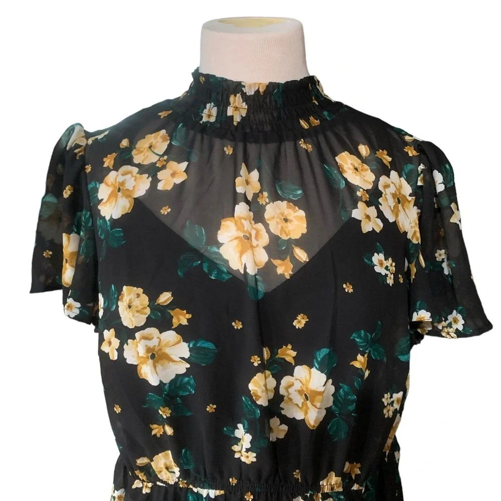 Torrid size 0 black floral sheer midi dress with slip lining - Picture 2 of 6